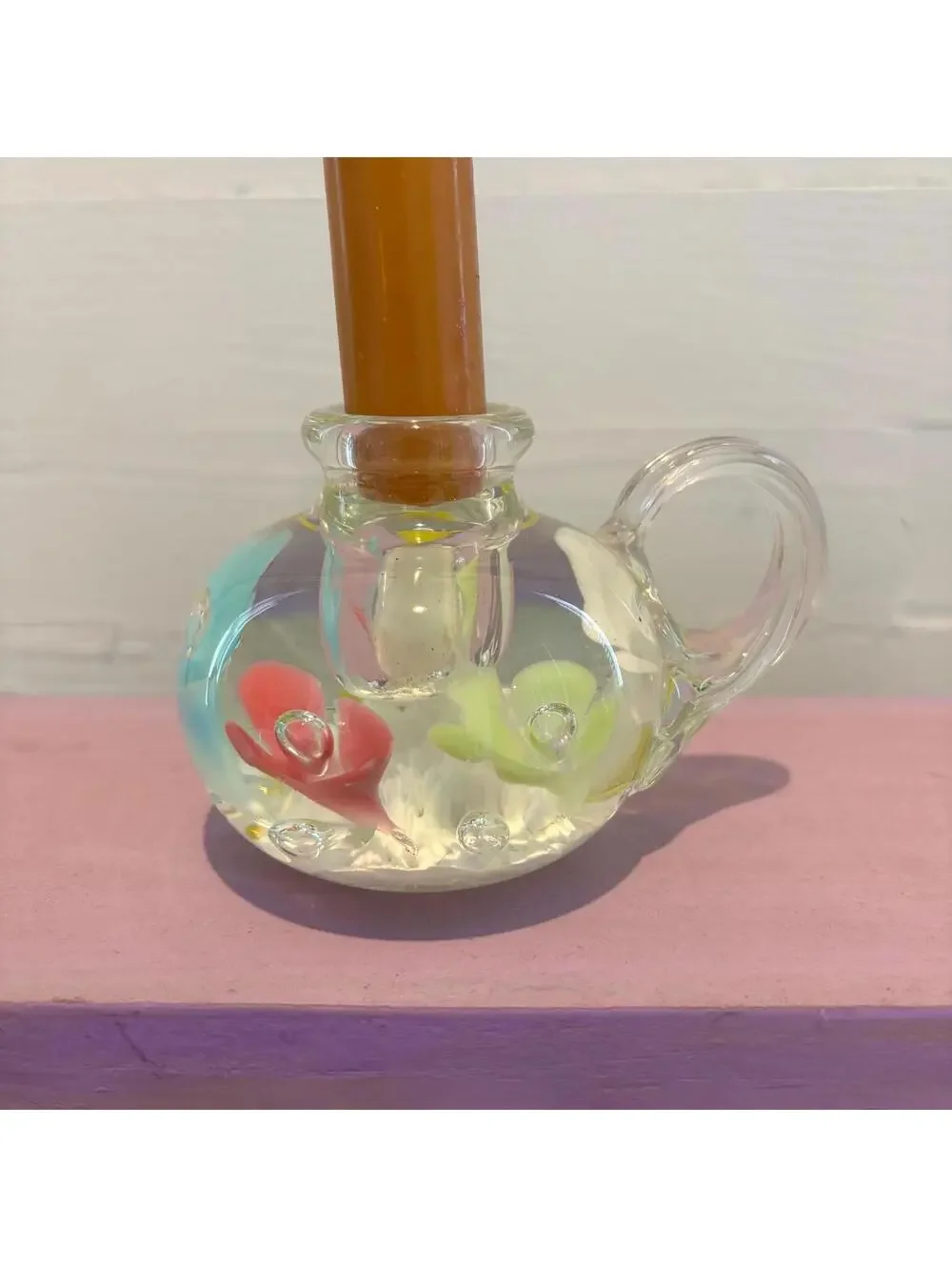 Joe St Clair Flower Art Glass Candleholder Paperweight